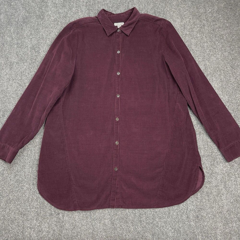 J Jill Corduroy Button Front Tunic Top Womens Medium Long Sleeve Cotton Plum